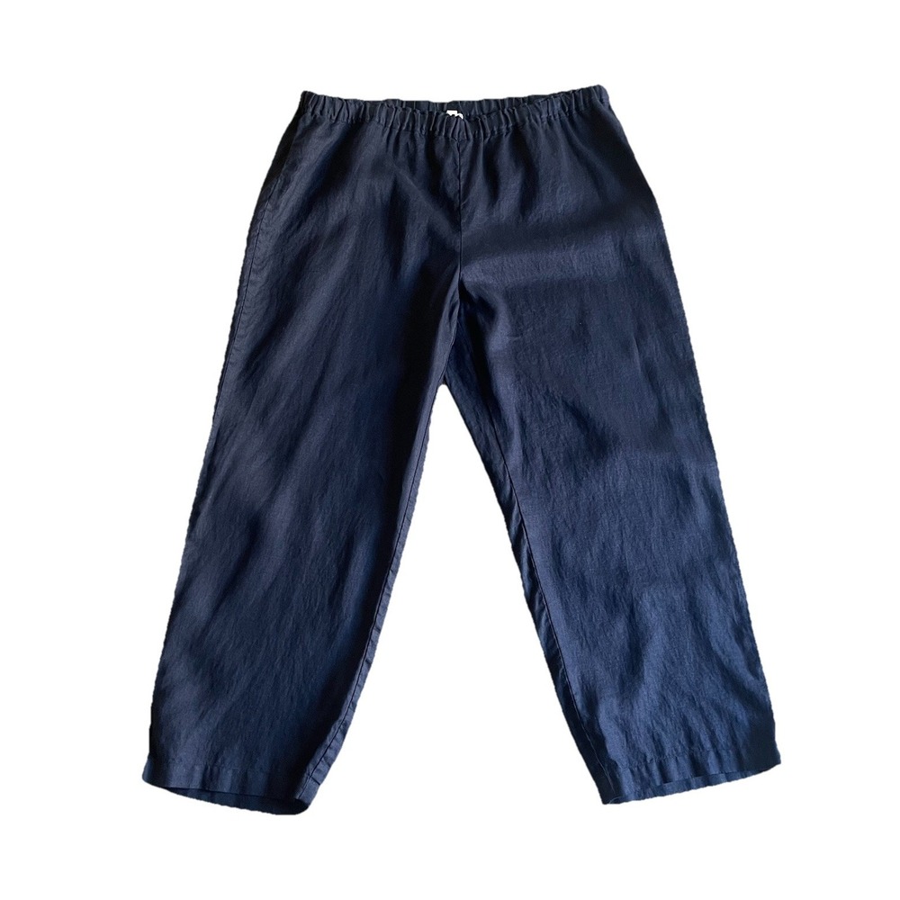 Eileen Fisher Women's XL Navy Organic Linen Wide Leg Cropped Pants Lagenlook‎